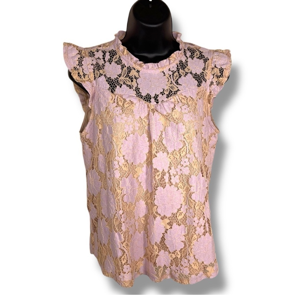 Juniors Medium Monteau Peachy Pink Lavender Floral Lace Blouse Ruffle Lined